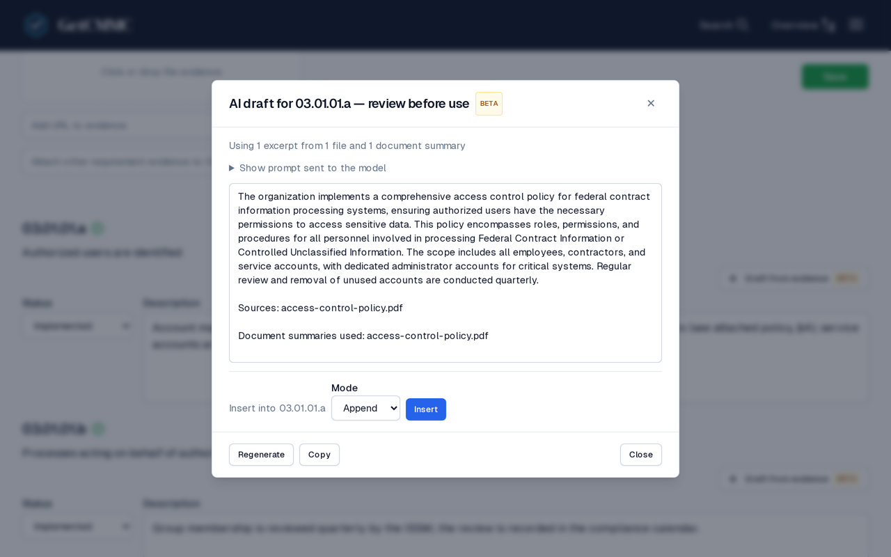 The Draft from evidence panel with a completed AI-drafted implementation narrative grounded in the requirement's attached evidence, ready to review and insert