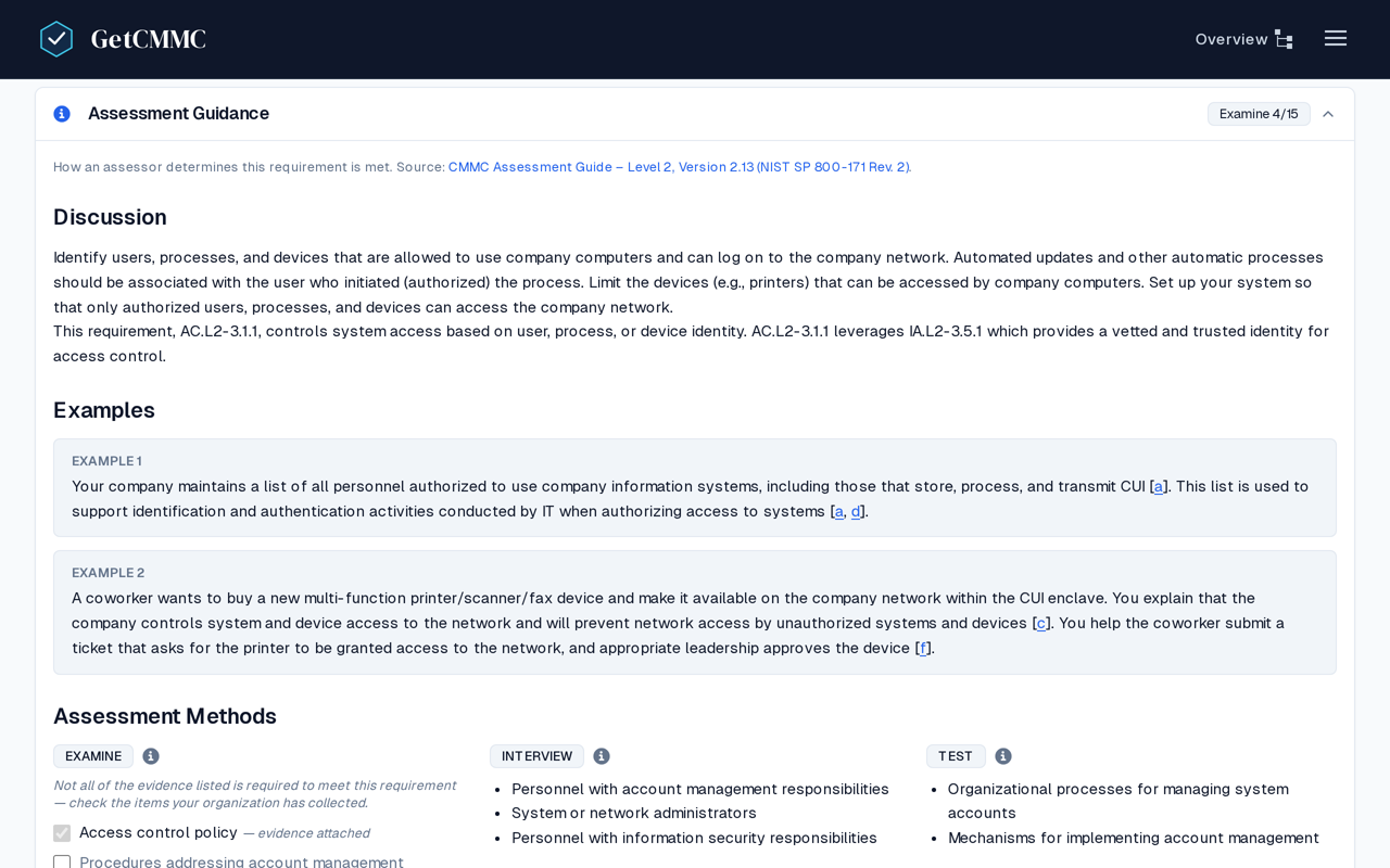The Assessment Guidance panel expanded on a requirement, showing assessment methods and the evidence checklist