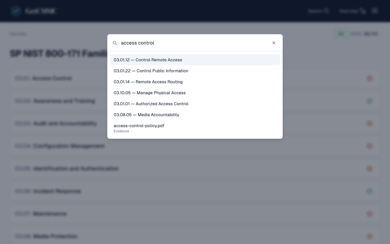 The global search palette showing requirement matches and an evidence file match for the query 'access control'