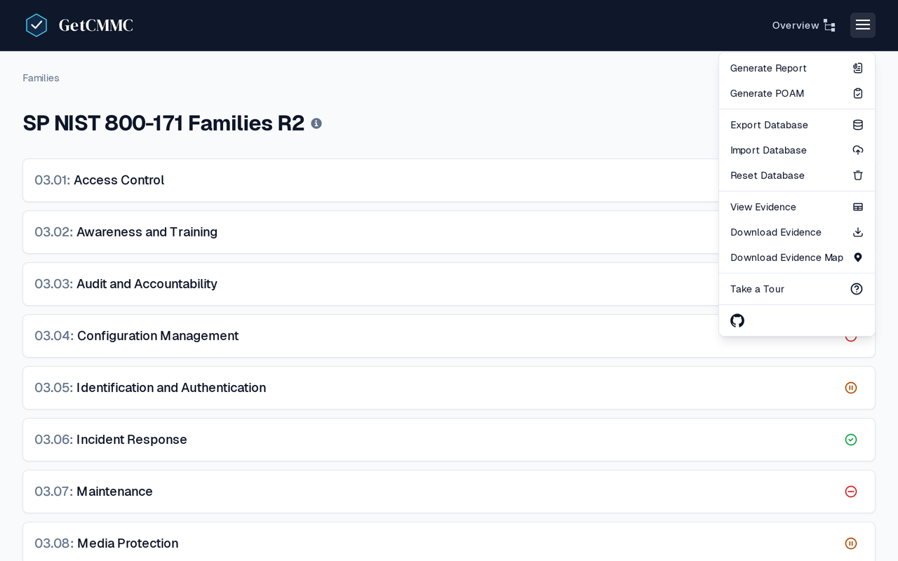 The navigation menu showing Generate Report, Generate POAM, evidence downloads, and Export/Import Database