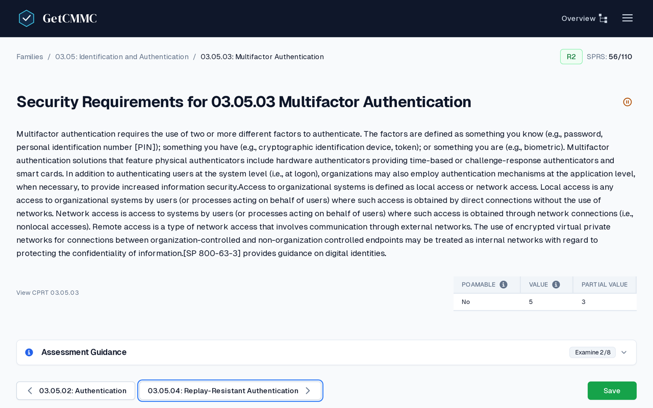 A requirement page showing the implementation status selector, markdown notes, and attached evidence